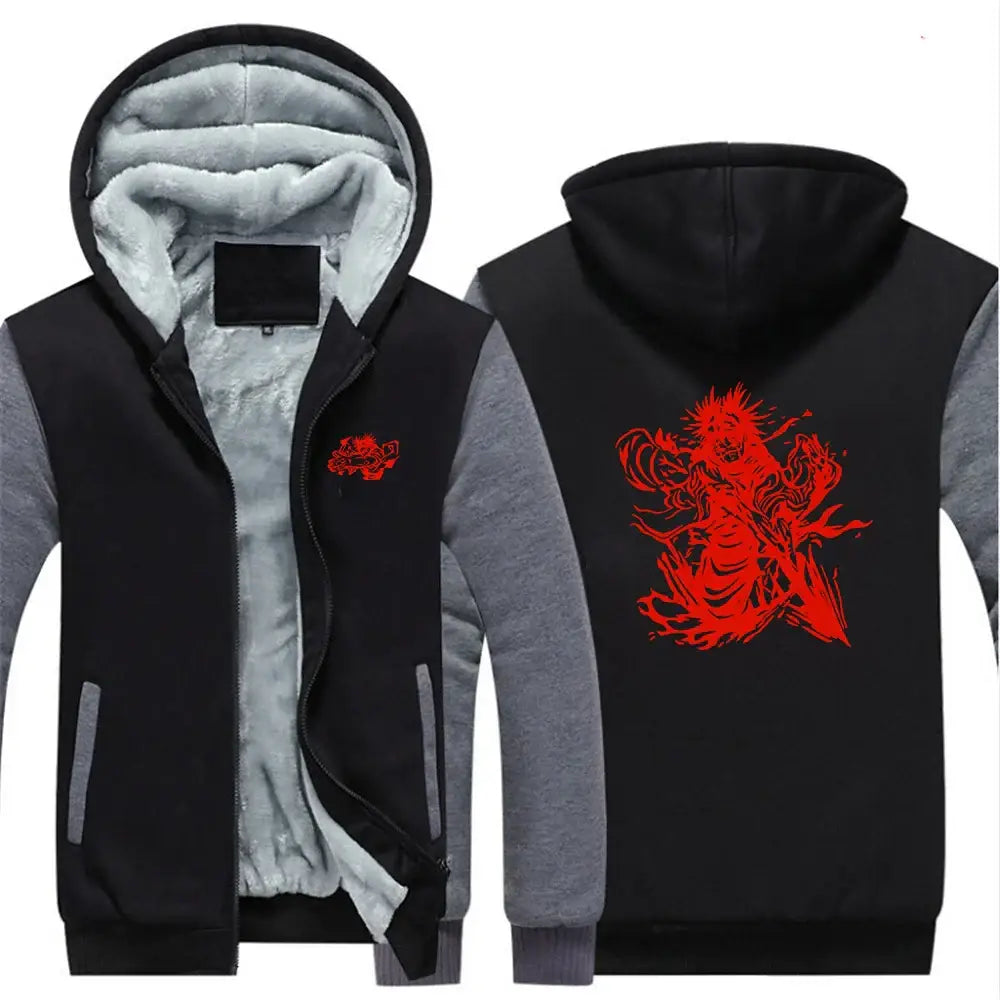 Back view of black and gray fleece-lined jujutsu kaisen choso oversized hoodie with bold red graphic on the back