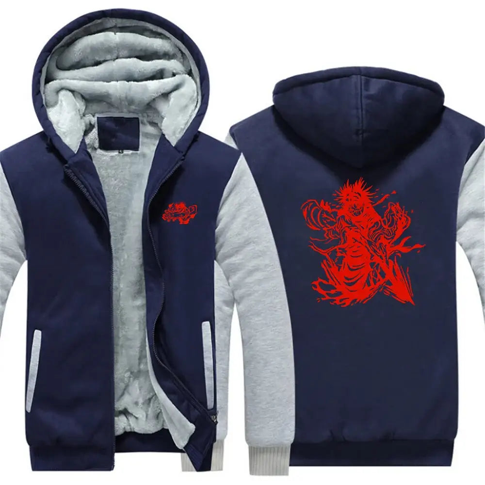 Back view of navy blue and gray fleece-lined jujutsu kaisen choso oversized hoodie with red anime character graphic