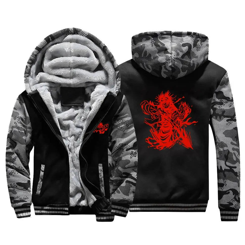 Back view of jujutsu kaisen choso oversized black and gray camouflage hoodie with red graphic and plush white fleece lining