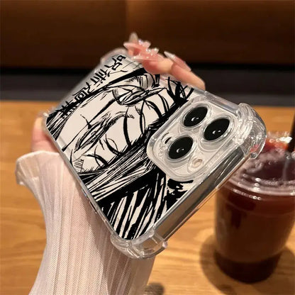 Clear shockproof phone case with black and white anime style jujutsu kaisen choso illustration on the back side
