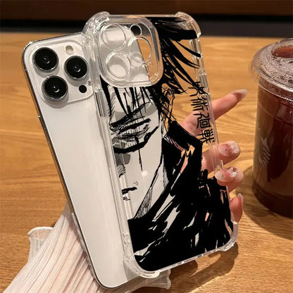 Clear shockproof phone case featuring black and white jujutsu kaisen choso anime illustration with bold ink lines
