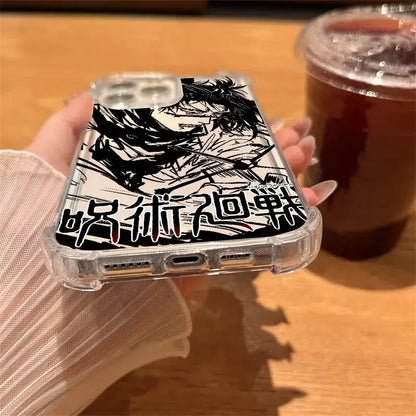 Clear shockproof jujutsu kaisen choso phone case with black white anime illustration and red japanese text on back side