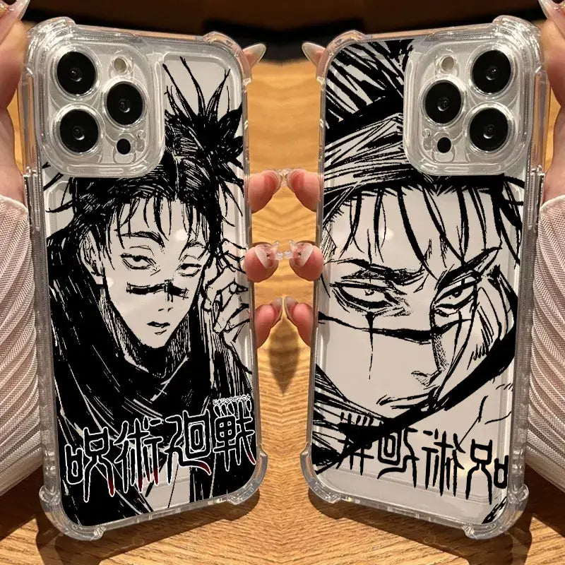 Clear shockproof jujutsu kaisen choso phone case with black and white anime design and red stylized kaisen choso phone title