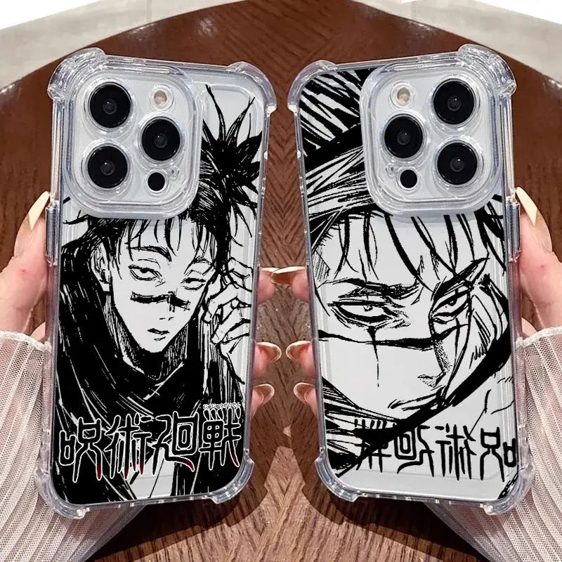 Clear shockproof jujutsu kaisen choso phone case with black and white anime illustrations and red stylized title on back