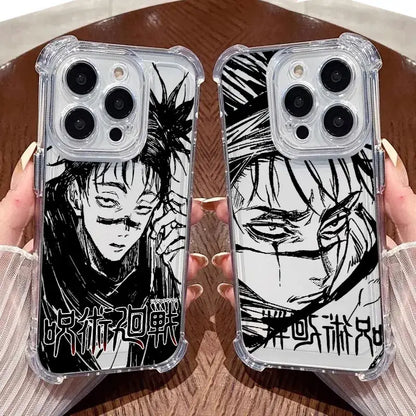 Clear shockproof jujutsu kaisen choso phone case with black and white anime illustrations and red stylized title on back