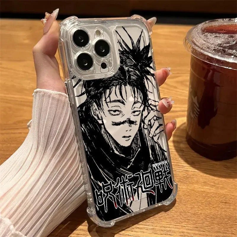 Clear protective phone case with black and white megumi fushiguro illustration and japanese text for jujutsu kaisen choso phone