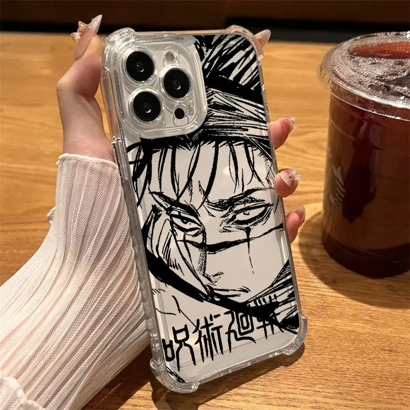 Clear shockproof jujutsu kaisen choso phone case with black and white anime illustration and japanese text on back side