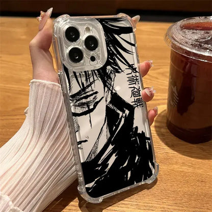 Clear shockproof jujutsu kaisen choso phone case with black and white anime illustration and japanese text for iphone back view