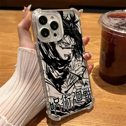 Clear shockproof phone case with black-and-white jujutsu kaisen choso illustration and red text accents on the back side