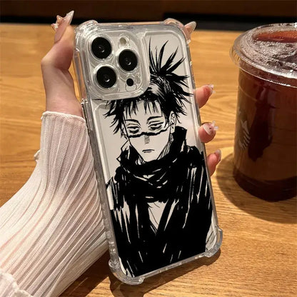 Clear shockproof phone case featuring black and white anime illustration of kaisen choso with glasses and scarf