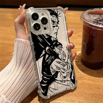 Clear shockproof phone case featuring black and white jujutsu kaisen choso anime illustration on back side