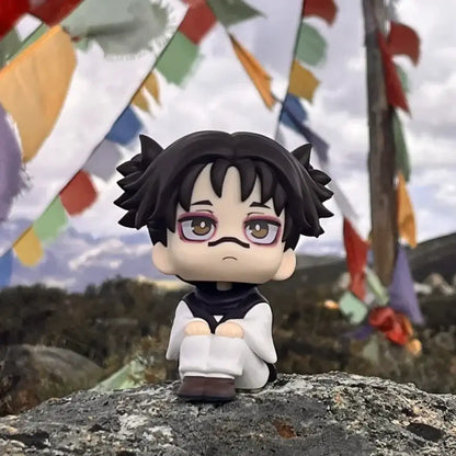 Jujutsu kaisen choso q version articulated figurine with black hair purple glasses white robe made of durable pvc on rock