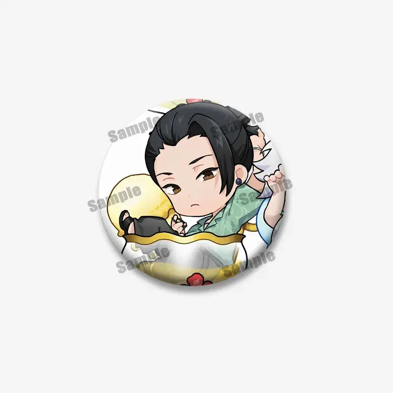 Circular enamel pin featuring chibi-style jujutsu kaisen geto suguru with black hair and green attire on white background