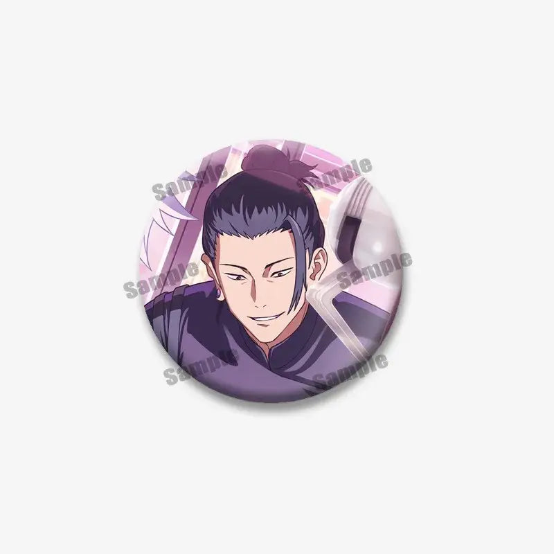 Circular enamel pin featuring geto suguru from jujutsu kaisen in purple clothing holding a sword accessory