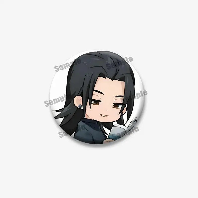 Circular enamel pin featuring chibi jujutsu kaisen geto suguru reading a book in navy blue outfit for backpack use