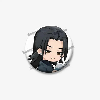 Circular enamel pin featuring chibi jujutsu kaisen geto suguru reading a book in navy blue outfit for backpack use