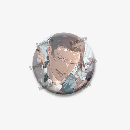 Circular enamel pin featuring jujutsu kaisen geto suguru with dark hair and white flowers for backpack accessory
