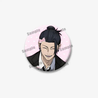 Circular enamel pin featuring jujutsu kaisen geto suguru with black hair and pink bow on black suit backpack accessory