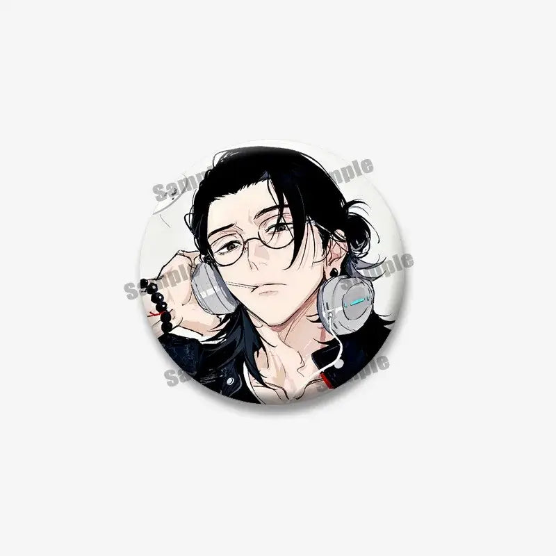 Circular enamel pin featuring jujutsu kaisen geto suguru with black hair glasses and silver headphones backpack accessory