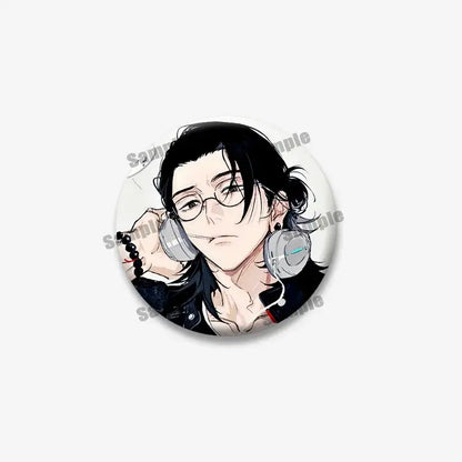 Circular enamel pin featuring jujutsu kaisen geto suguru with black hair glasses and silver headphones backpack accessory