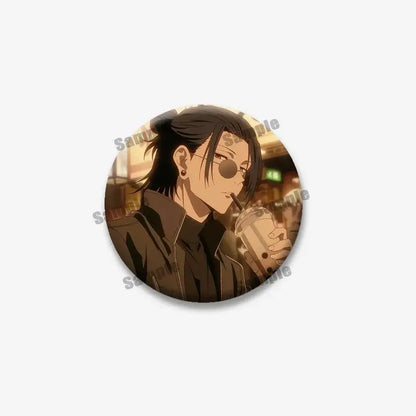Circular enamel pin of geto suguru from jujutsu kaisen with dark hair sunglasses and black jacket sipping a drink