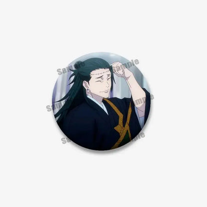 Circular enamel pin featuring jujutsu kaisen geto suguru with long black hair in dark robe with gold trim backpack accessory
