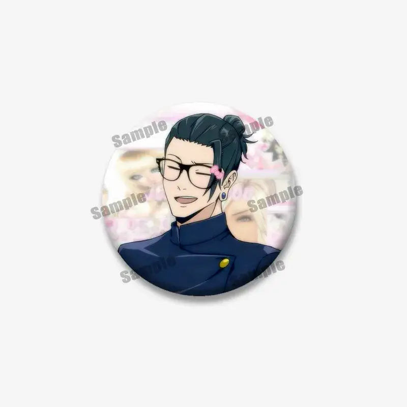 Circular enamel pin featuring geto suguru with dark hair in a bun, glasses, and navy uniform for jujutsu kaisen backpacks