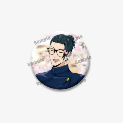 Circular enamel pin featuring geto suguru with dark hair in a bun, glasses, and navy uniform for jujutsu kaisen backpacks