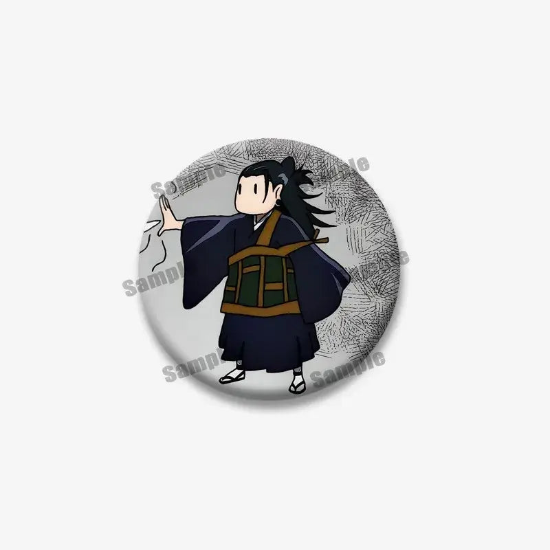 Circular enamel pin featuring geto suguru from jujutsu kaisen in a dark blue robe and green armor backpack accessory
