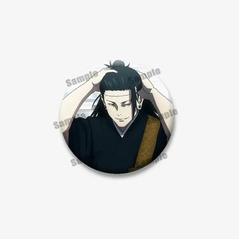 Black and gold enamel pin of jujutsu kaisen geto suguru with dark hair in topknot wearing traditional attire backpack accessory