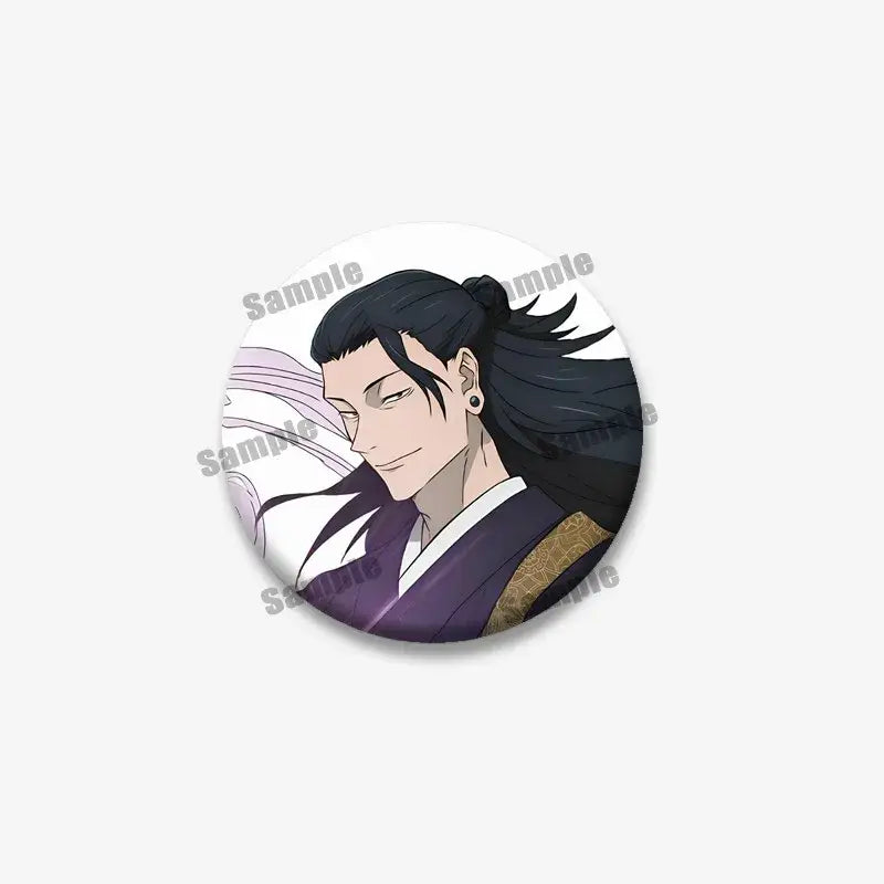 Circular enamel pin featuring jujutsu kaisen geto suguru in dark purple and gold traditional attire for backpacks