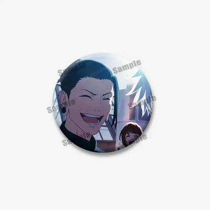 Circular enamel pin featuring jujutsu kaisen geto suguru with dark hair and joyful smile for backpack accessory