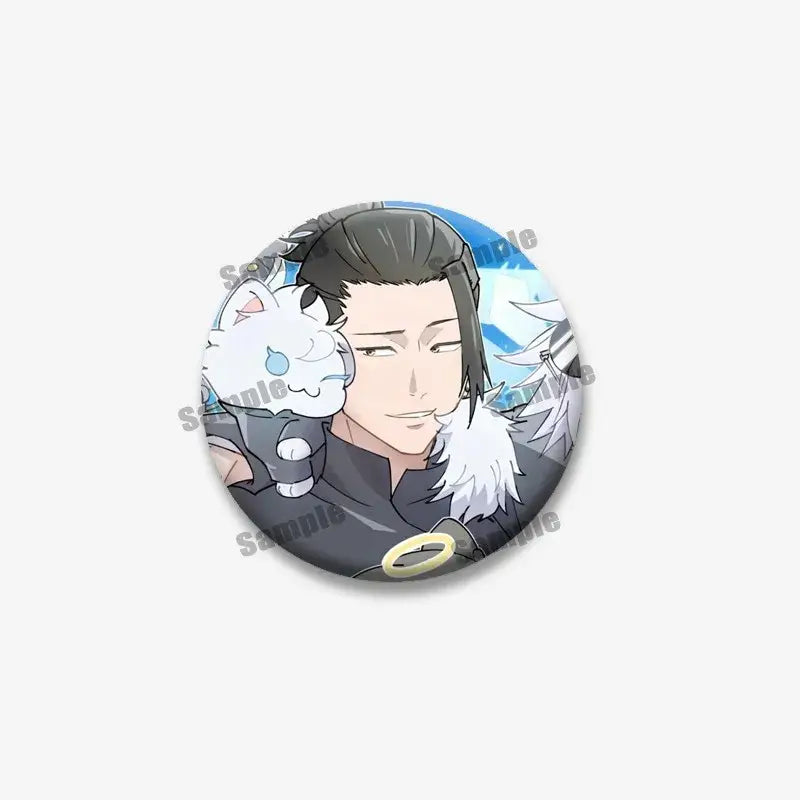Circular enamel pin featuring geto suguru with dark hair and white-furred companion on blue background for backpacks