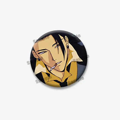 Circular enamel pin featuring jujutsu kaisen geto suguru with black hair and yellow black shirt for backpack accessory