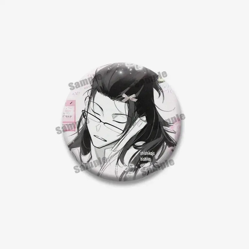 Circular black-and-white enamel pin of jujutsu kaisen geto suguru with glasses and bow for backpack accessory