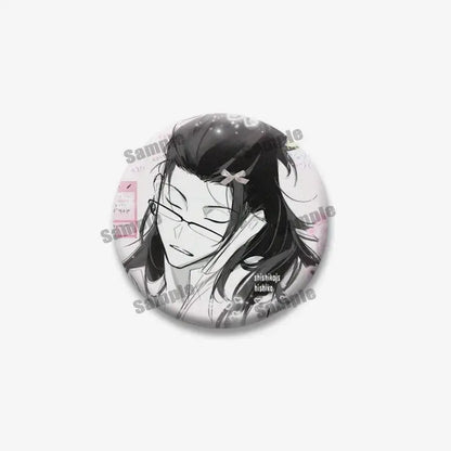 Circular black-and-white enamel pin of jujutsu kaisen geto suguru with glasses and bow for backpack accessory