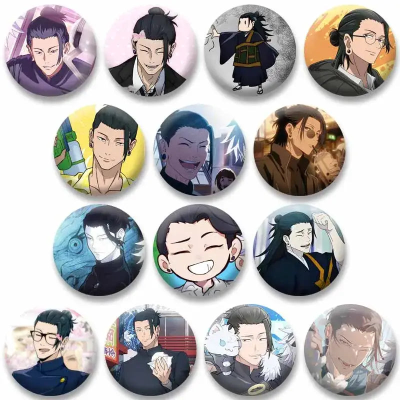 Circular jujutsu kaisen geto suguru enamel pins featuring illustrated portraits on white background for backpack accessory
