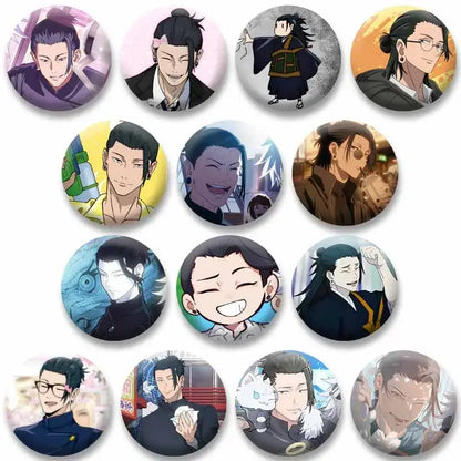 Circular jujutsu kaisen geto suguru enamel pins featuring illustrated portraits on white background for backpack accessory