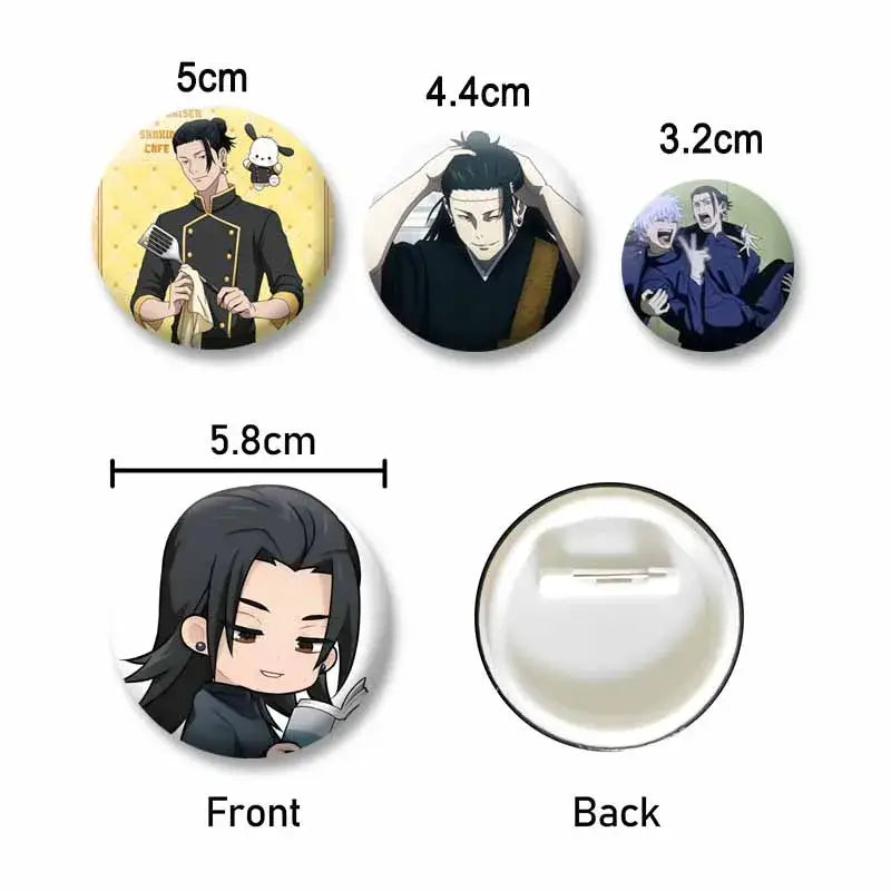Set of four circular enamel pin badges featuring jujutsu kaisen geto suguru designs with metal fasteners for backpacks