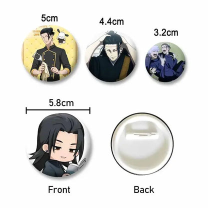 Set of four circular enamel pin badges featuring jujutsu kaisen geto suguru designs with metal fasteners for backpacks