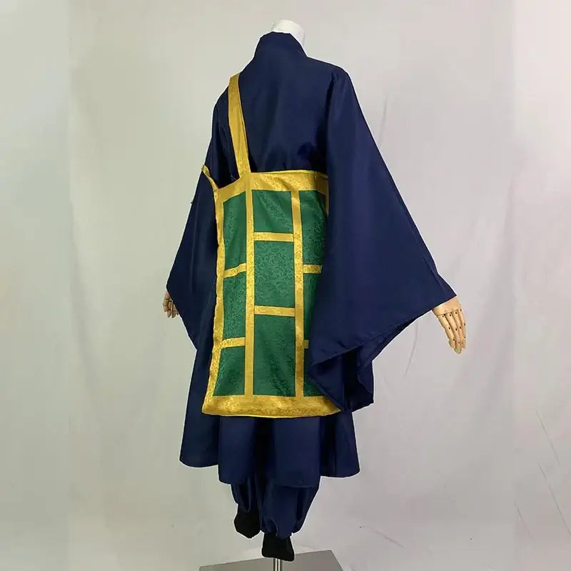 Back side of deep navy blue jujutsu kaisen geto suguru kimono with vibrant green gold embroidered panel excellent choice cosplay