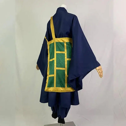Back side of deep navy blue jujutsu kaisen geto suguru kimono with vibrant green gold embroidered panel excellent choice cosplay
