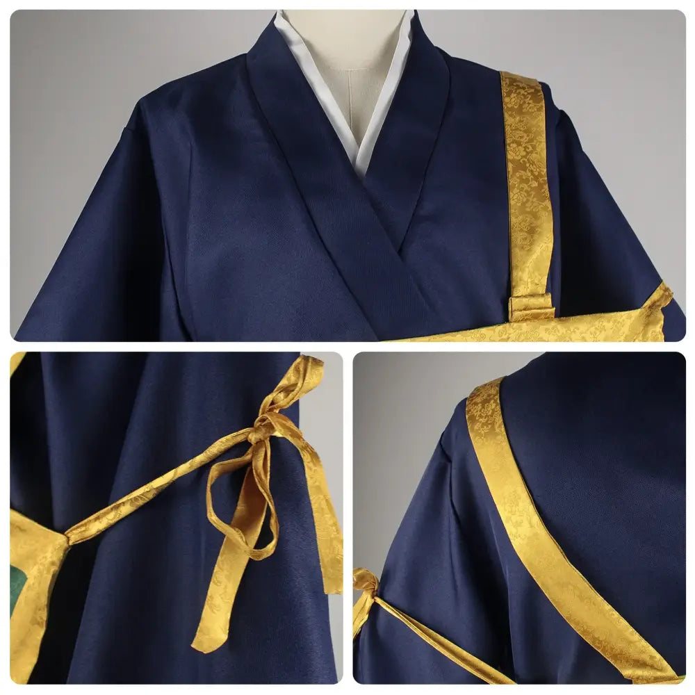 Navy blue satin jujutsu kaisen geto suguru kimono uniform with gold brocade sash and matching tie excellent choice