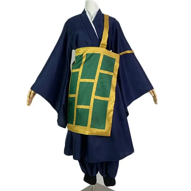 Navy blue jujutsu kaisen geto suguru kimono with green and gold grid apron excellent choice for unisex cosplay