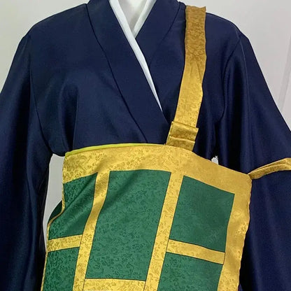 Navy blue satin jujutsu kaisen geto suguru kimono with green and gold floral embroidered apron excellent choice cosplay