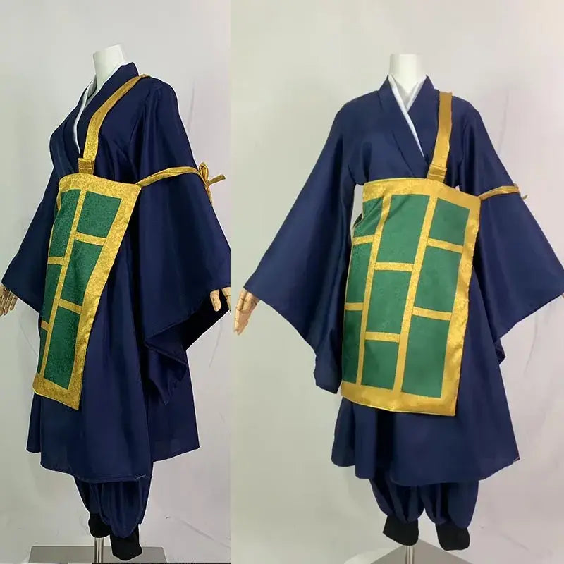 Navy blue jujutsu kaisen geto suguru kimono uniform with green and gold grid apron attached by golden straps excellent choice
