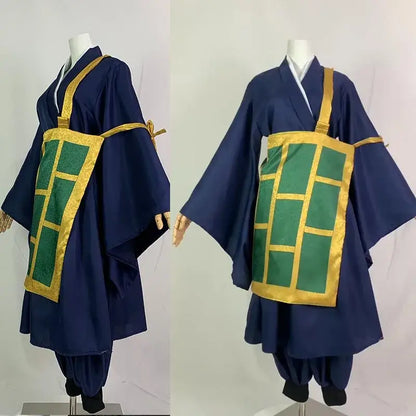 Navy blue jujutsu kaisen geto suguru kimono uniform with green and gold grid apron attached by golden straps excellent choice