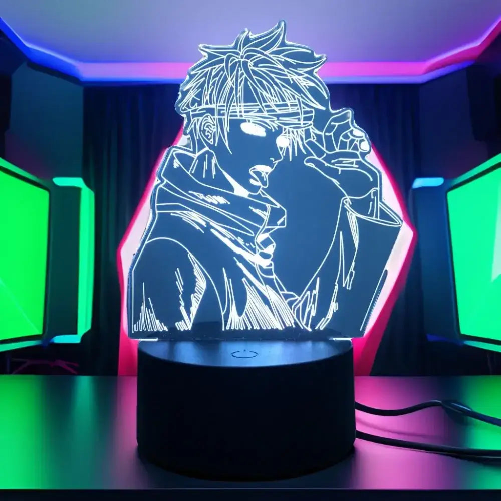 Jujutsu kaisen gojo 3d led lamp features an optical acrylic panel with white line art and vibrant neon rgb lights controlled by remote control