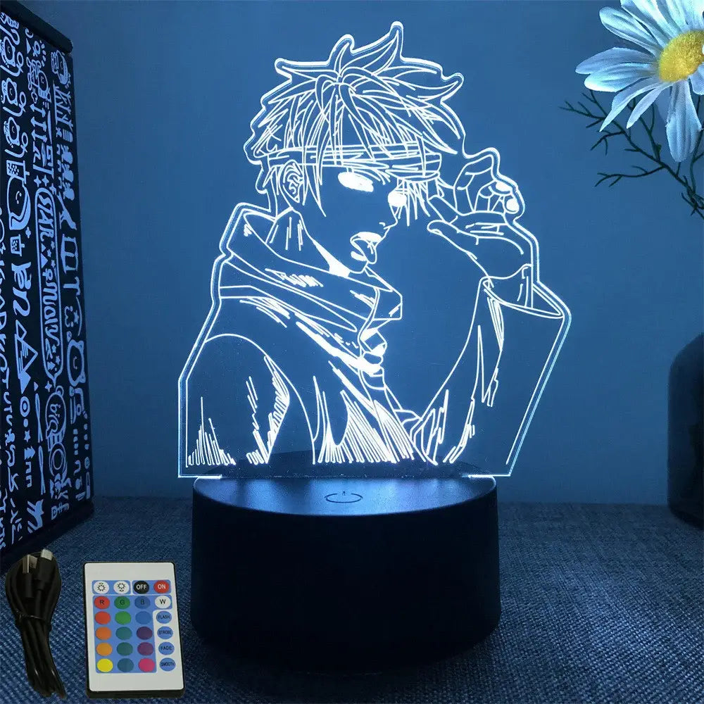 A glowing white jujutsu kaisen gojo 3d led lamp with optical acrylic panel on black base with remote control