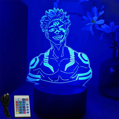 Blue glowing jujutsu kaisen gojo 3d led lamp with acrylic panel and remote control for rgb desk lighting